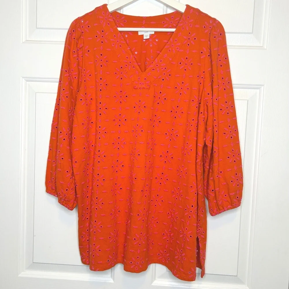 J Jill Contrasting Eyelet Tunic Embroidered Orange Pink 3/4 Sleeve V Neck Blouse - Picture 2 of 7